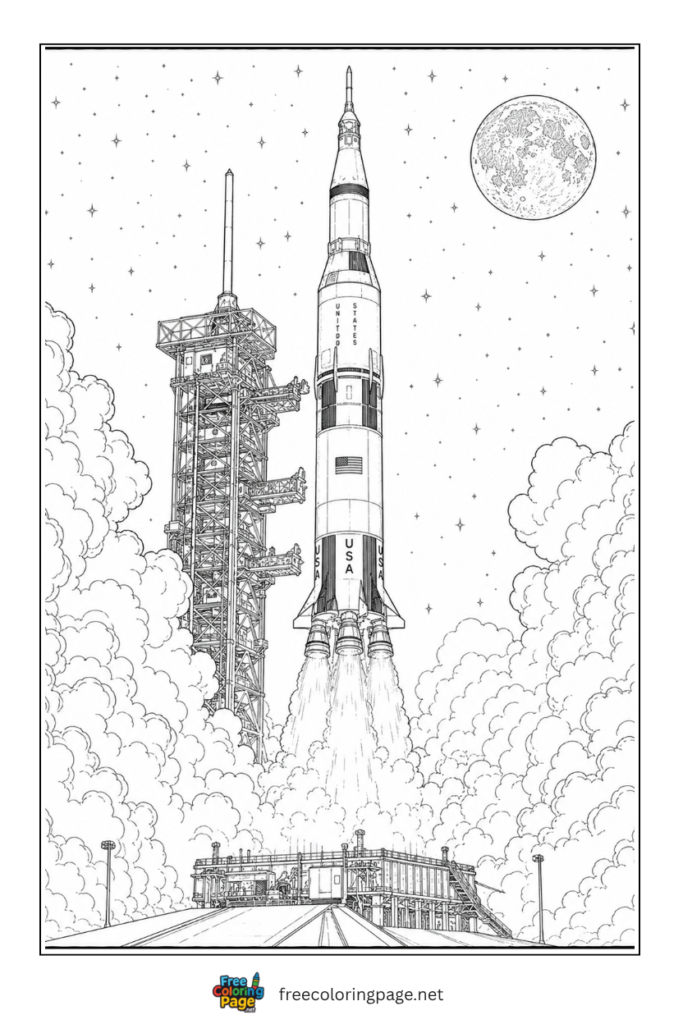 coloring page of realistic apollo rocket launch