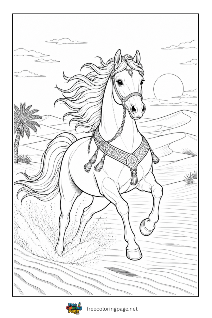 coloring page of arabian horse running in dessert