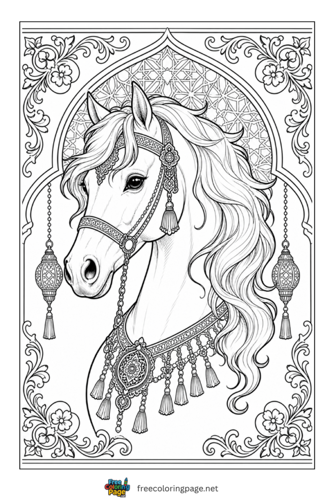 coloring page of arabian horse decorated