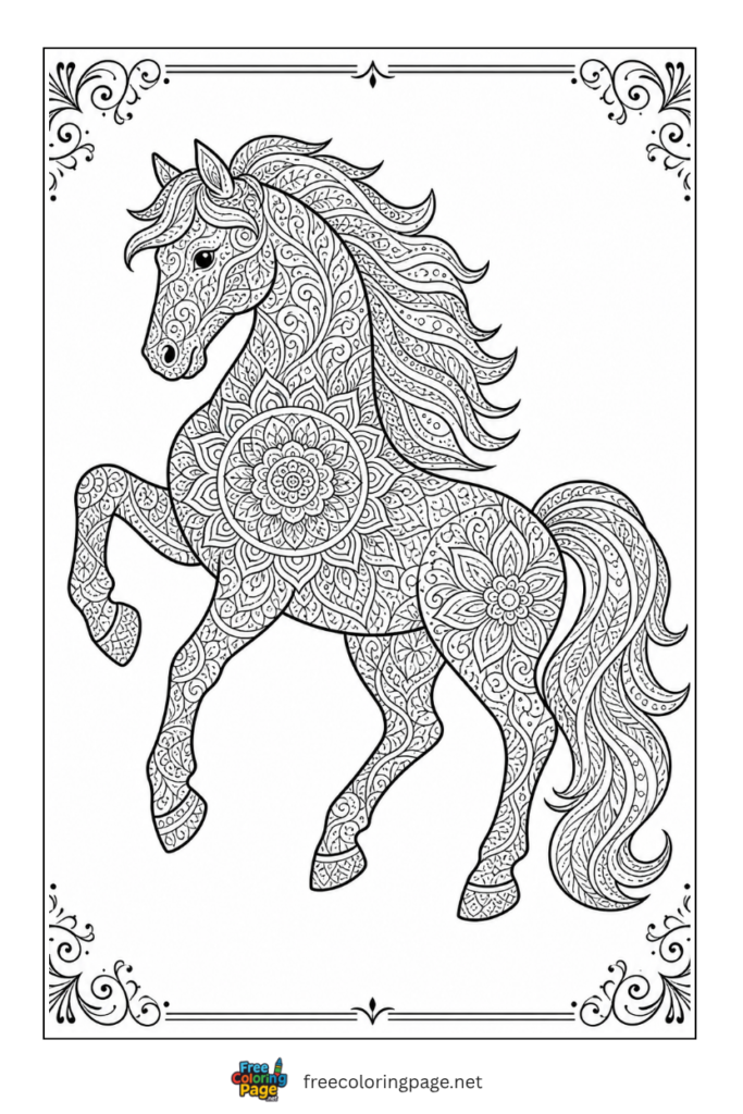 coloring page of arabian horse mandala 
