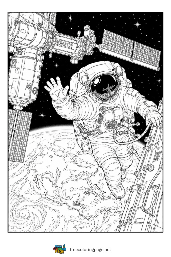 coloring page of realistic astronaut in space