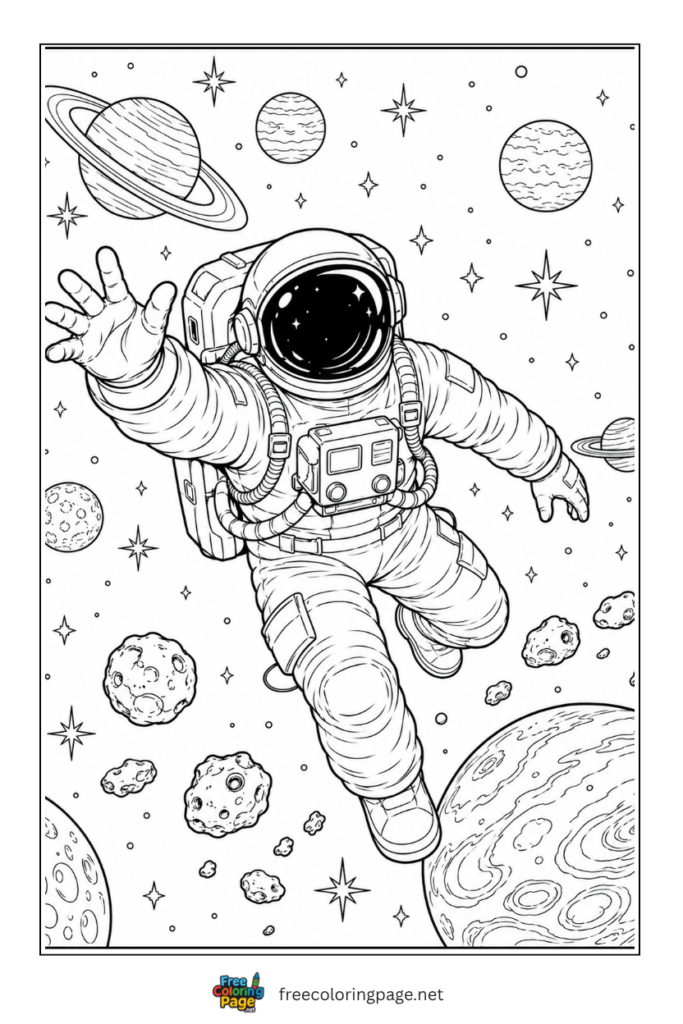 coloring page of realistic astronaut in outer space