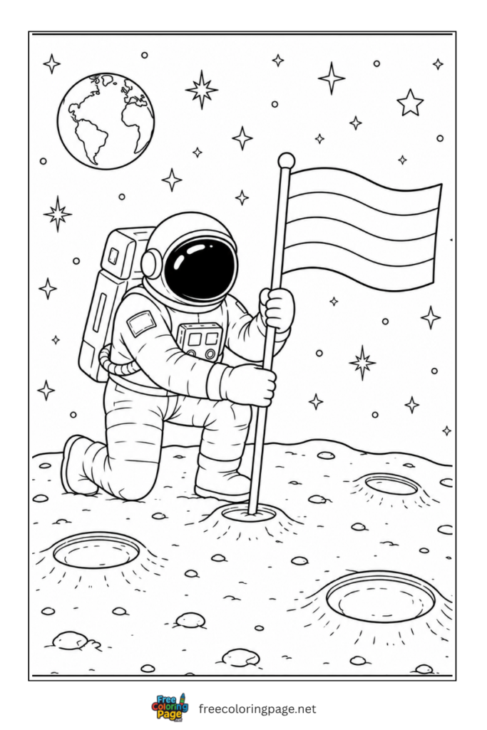 coloring page of realistic moon landing