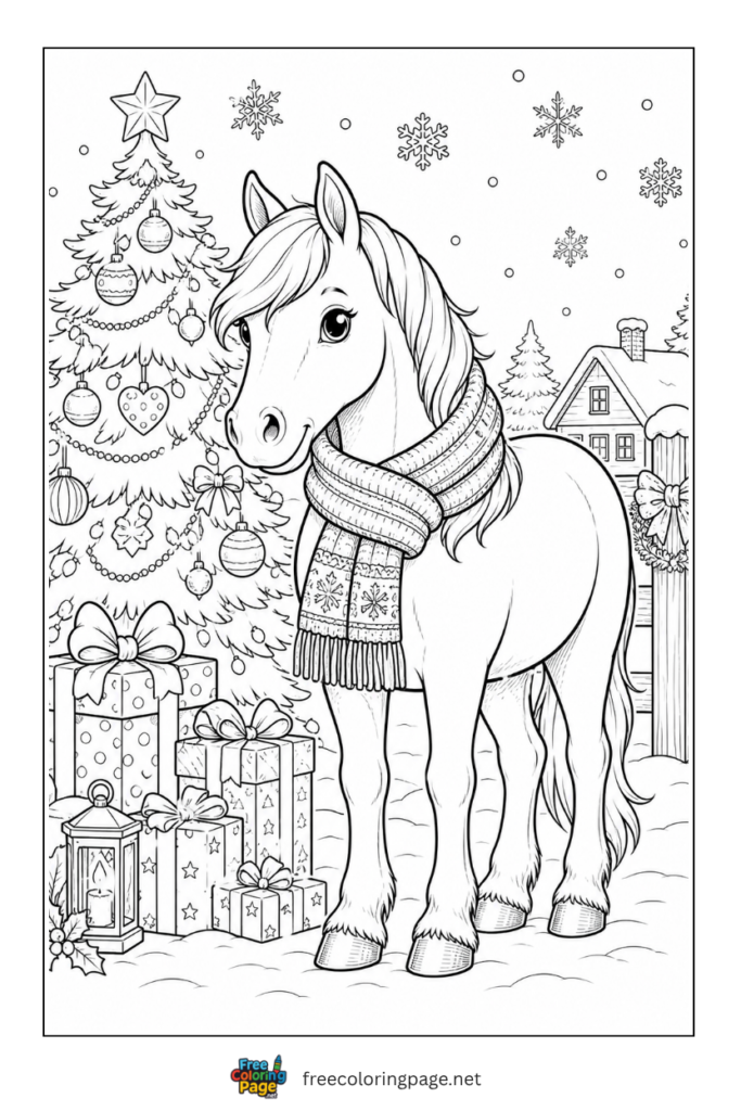 coloring page of christmas hose wearing scarf