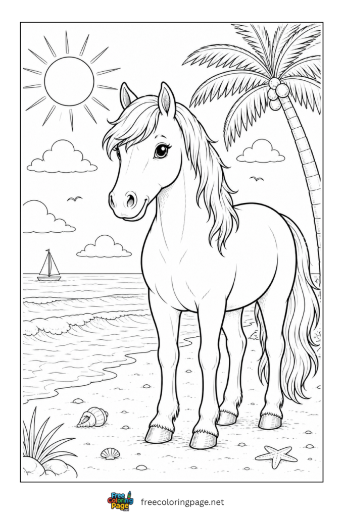 coloring page of horse standing on beach