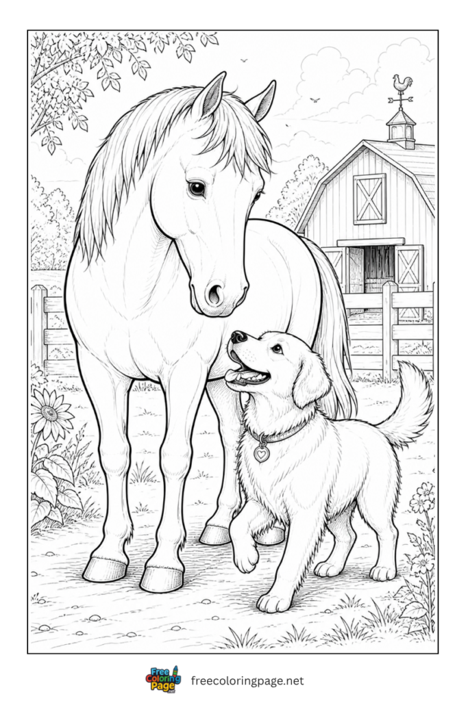 coloring page of horse with dog