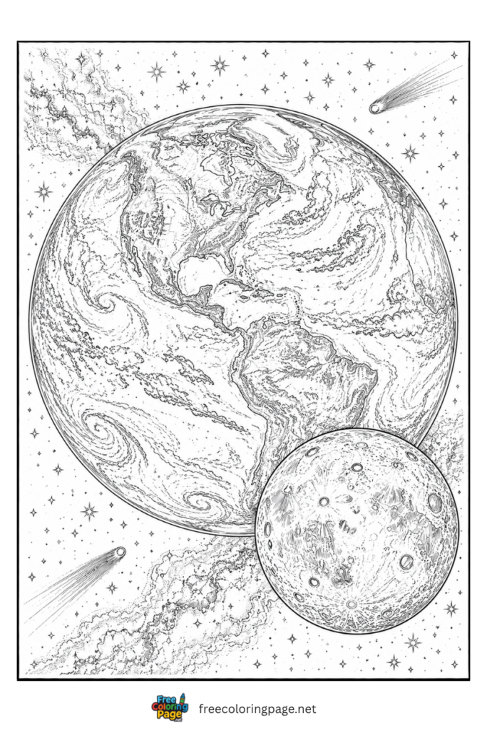 coloring page of realistic outer space earth and moon