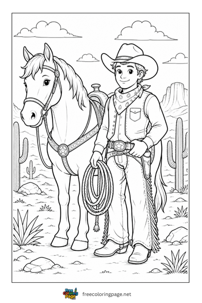 coloring page of cowboy and horse