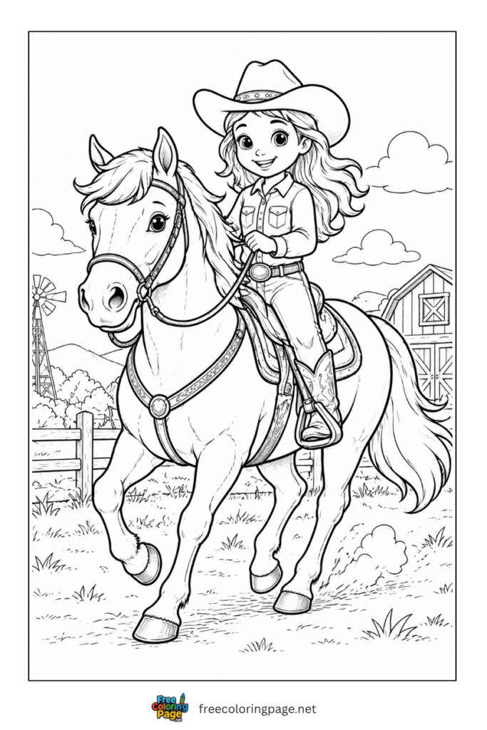 coloring page of cowgirl riding horse