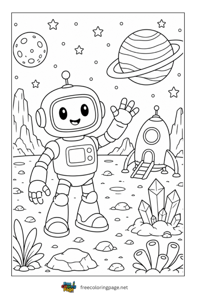 coloring page of robot in outer space