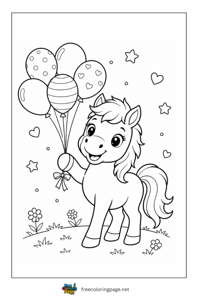 coloring page of horse holding balloons