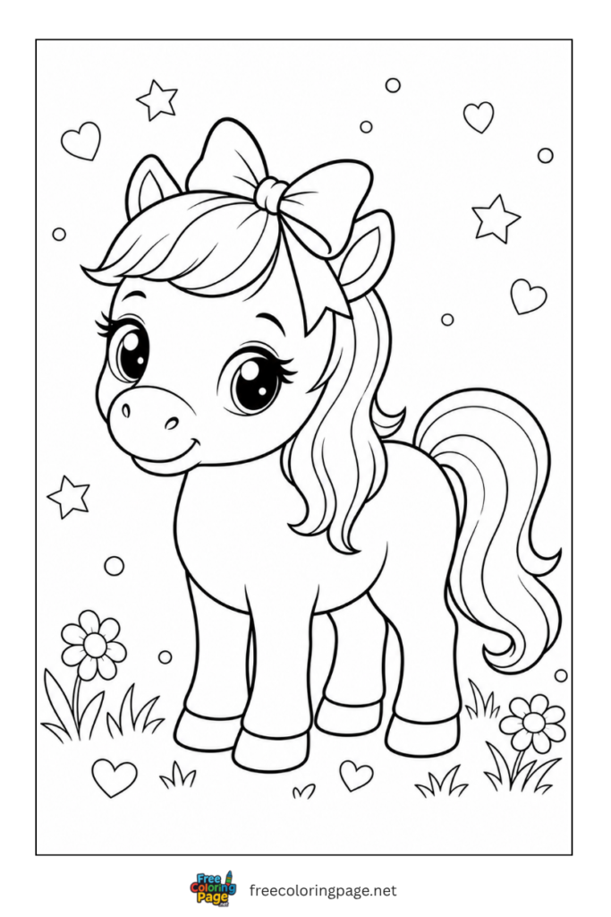 coloring page of kawaii horse with bow