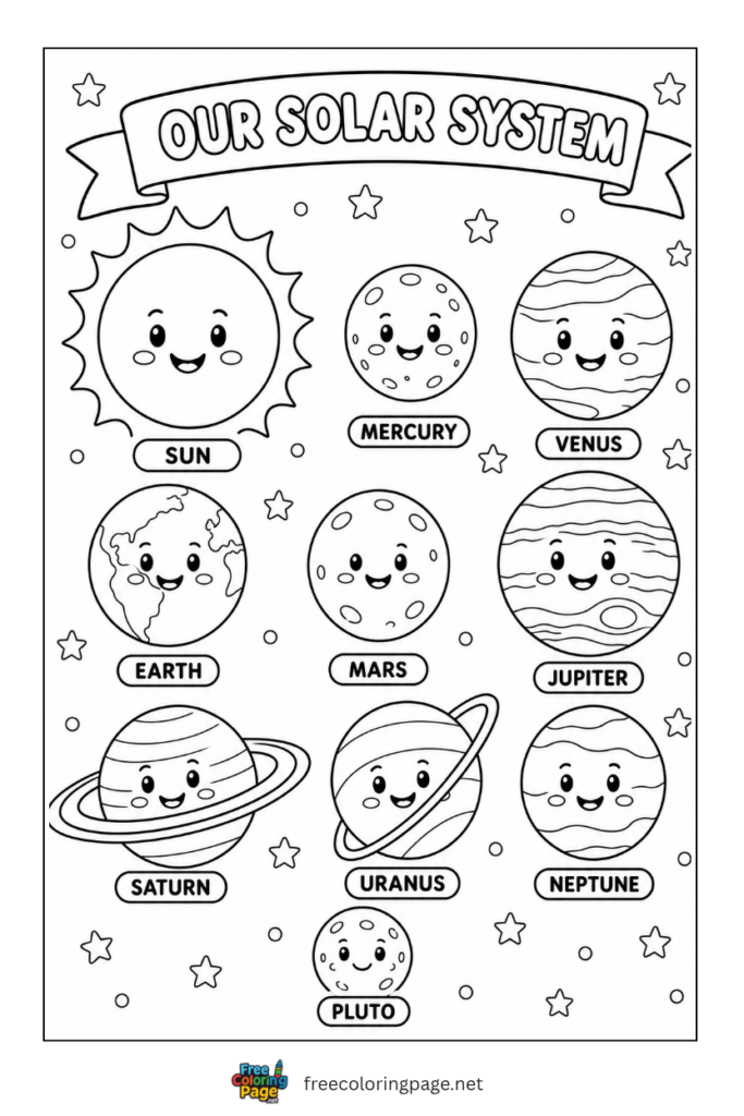 coloring page of cute kawaii sun and planets
