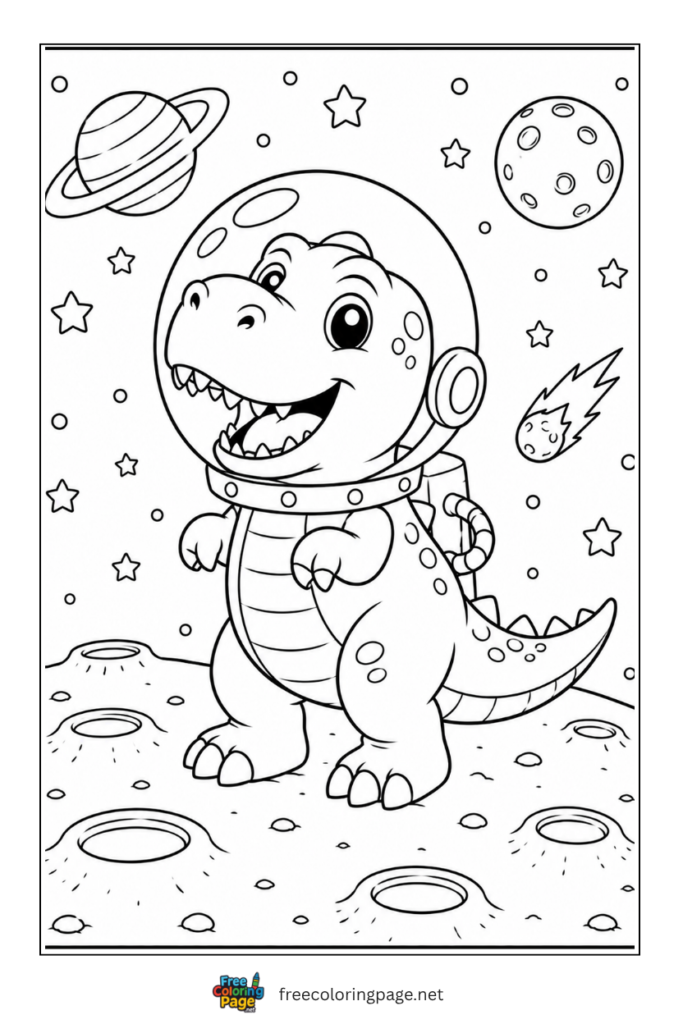 coloring page of dinosaur in space