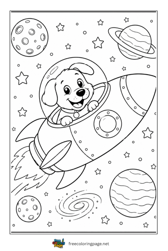 coloring page of dog in space rocket