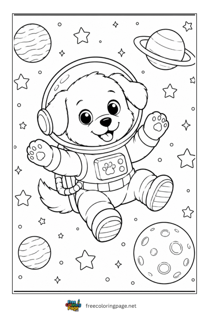 coloring page of dog floating in space