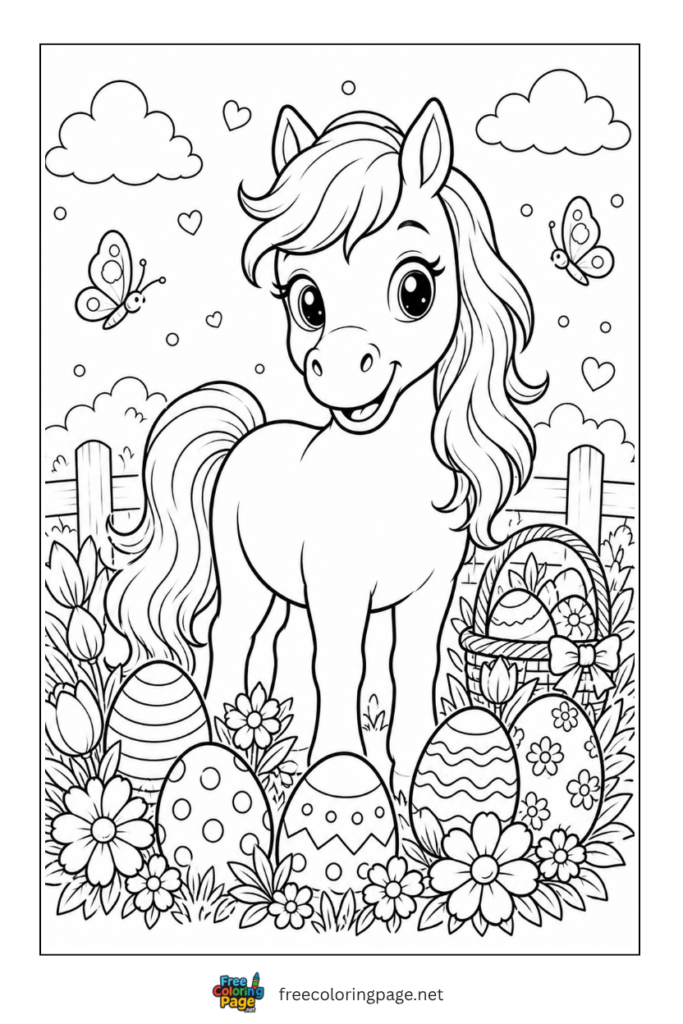 coloring page of horse with easter eggs