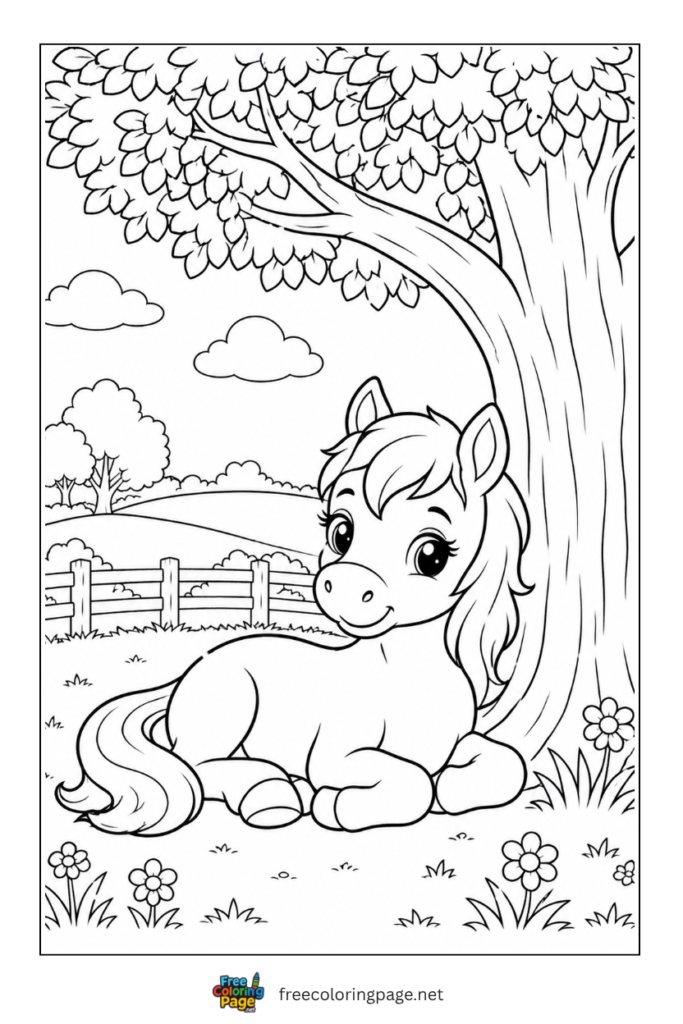 coloring page of horse sitting under tree