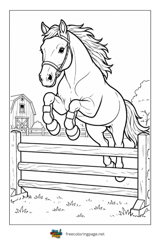 coloring page of horse jumping fence