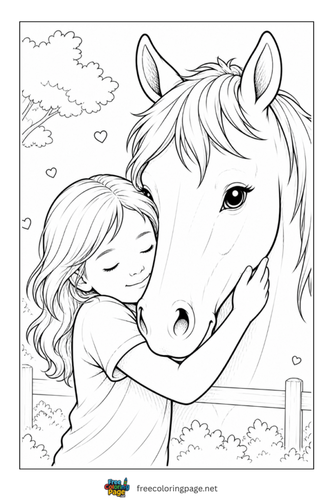 coloring page of girl hugging horse