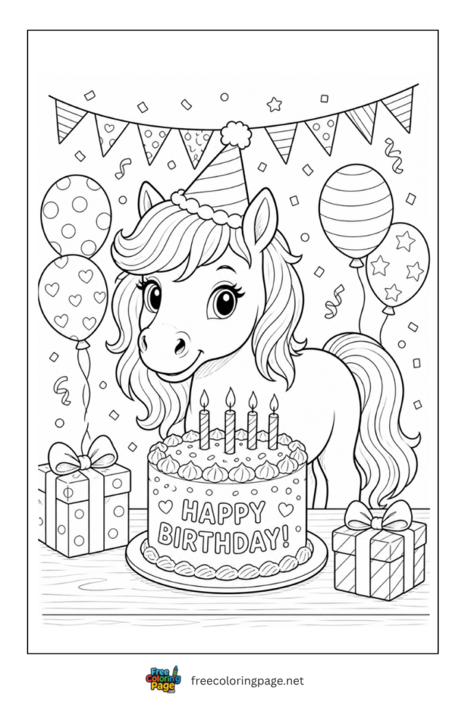 coloring page of horse happy birthday celebration