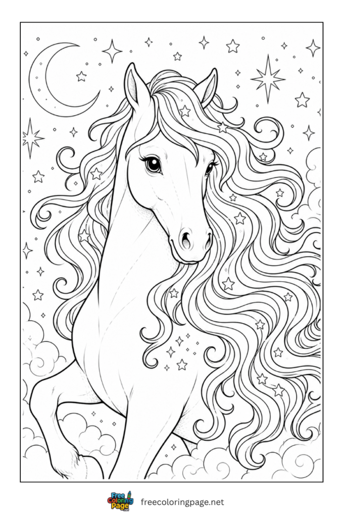 coloring page of horse with beautiful mane
