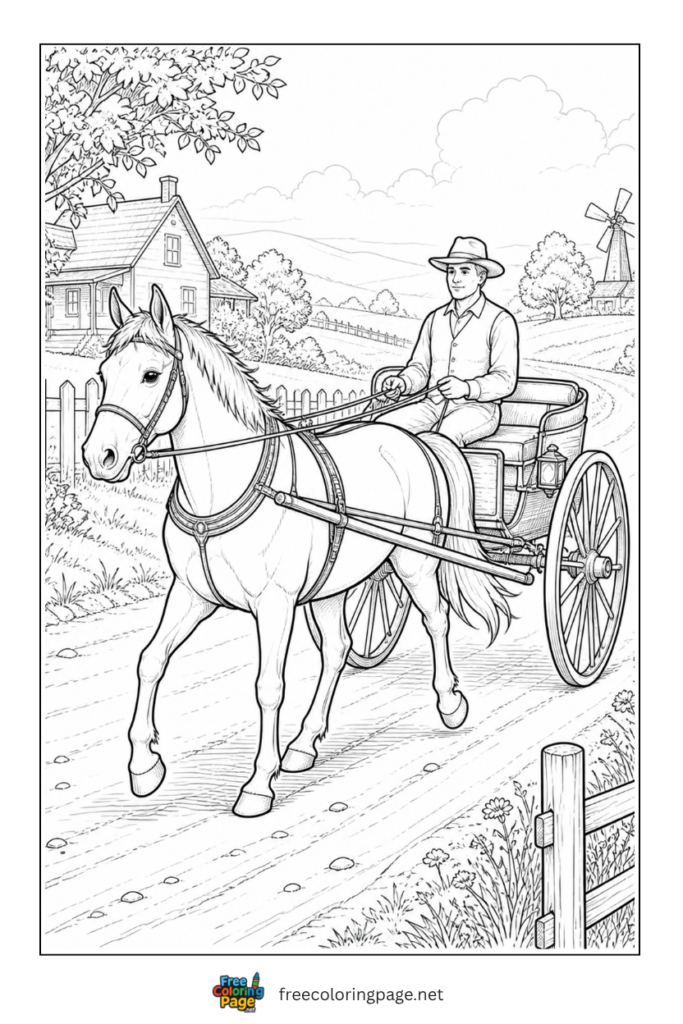 coloring page of horse and buggy in vintage style