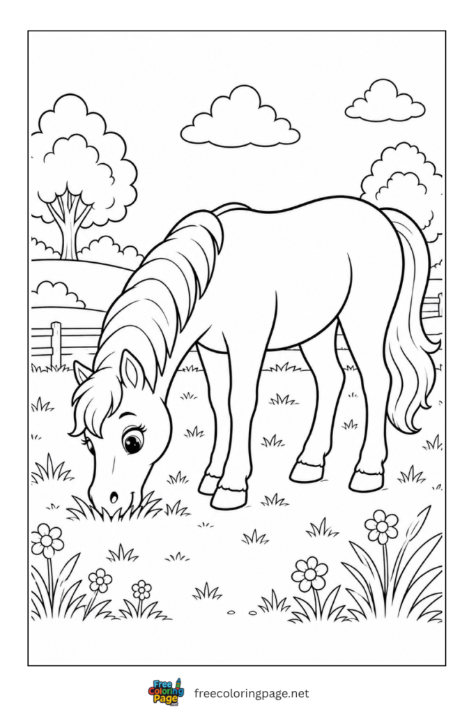 coloring page of horse grazing in farm