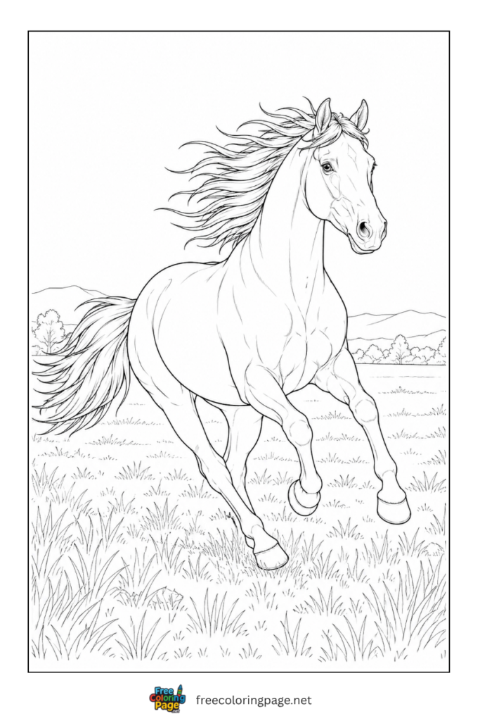 coloring page of horse running in field