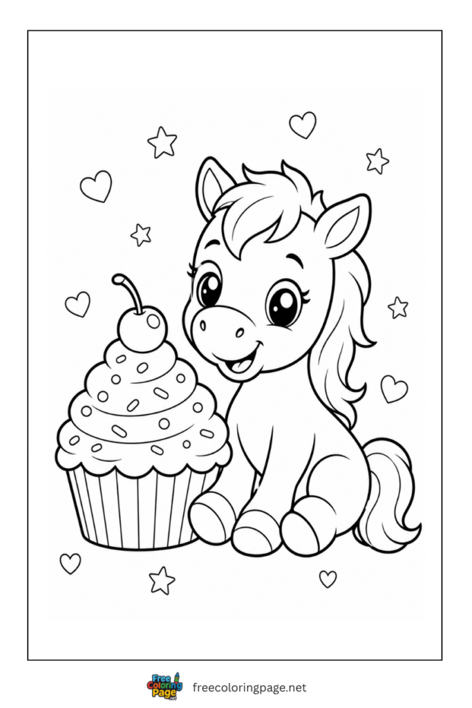 coloring page of cute horse with big cupcake