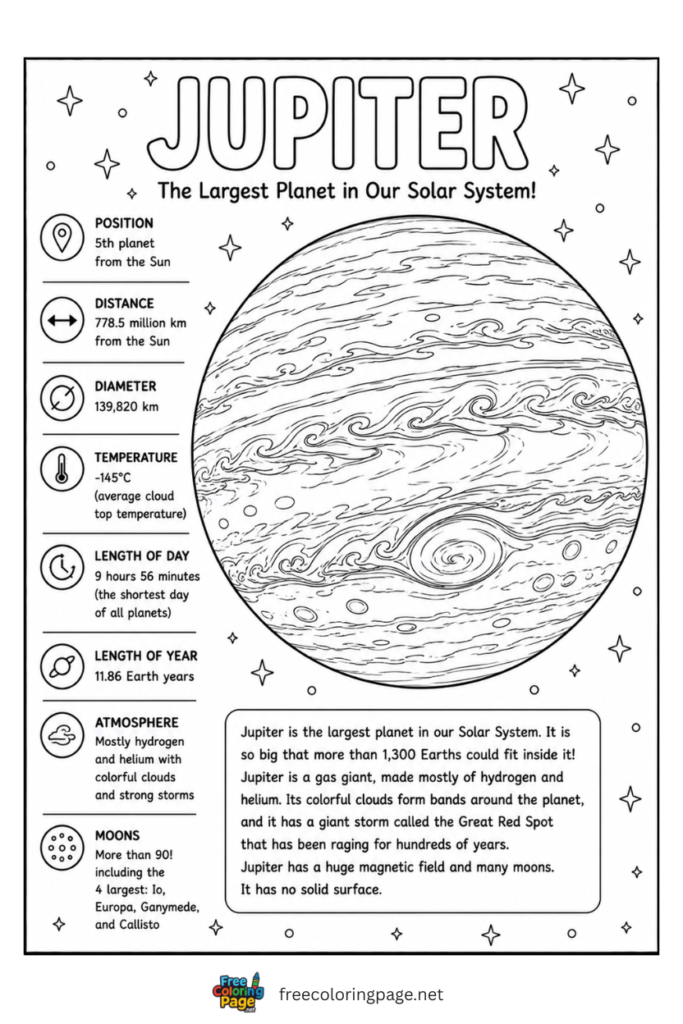 coloring page of information of jupiter