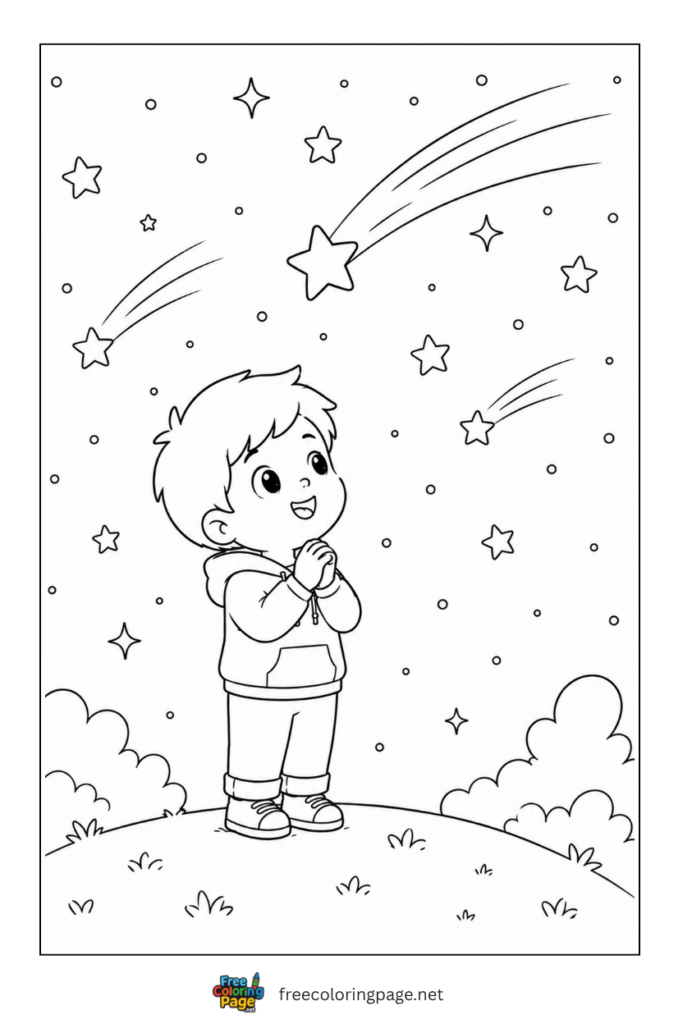 coloring page of boy looking at sky
