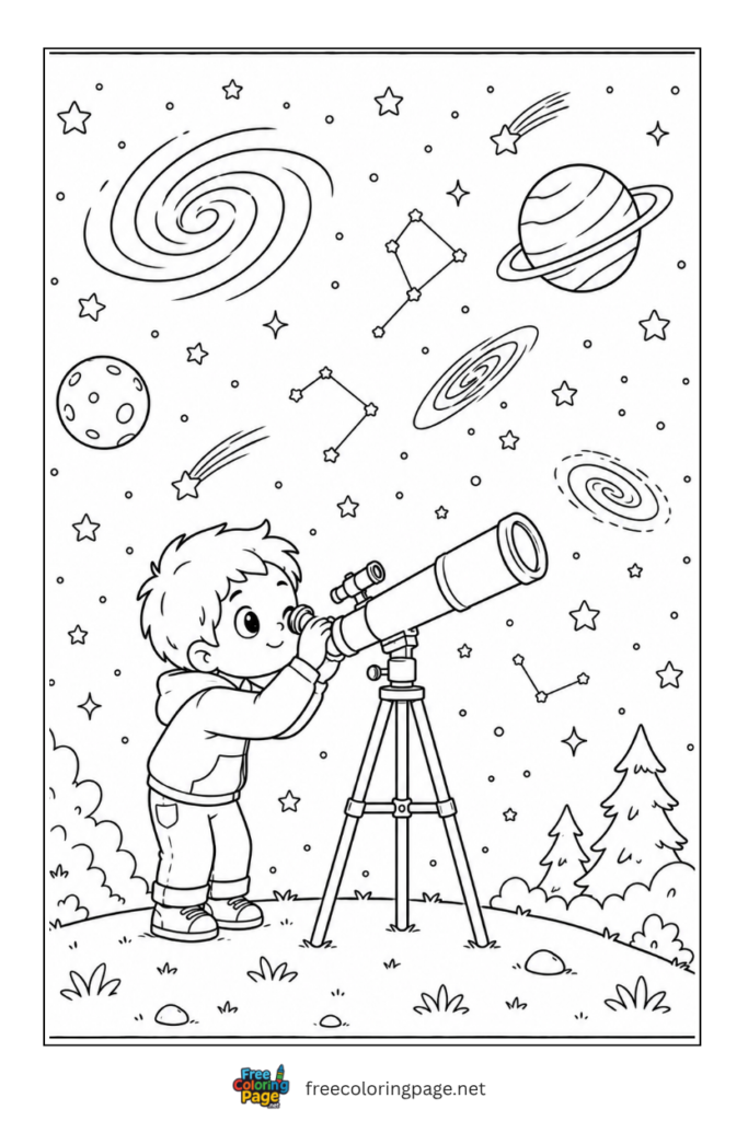 coloring page of boy watching stars using telescope