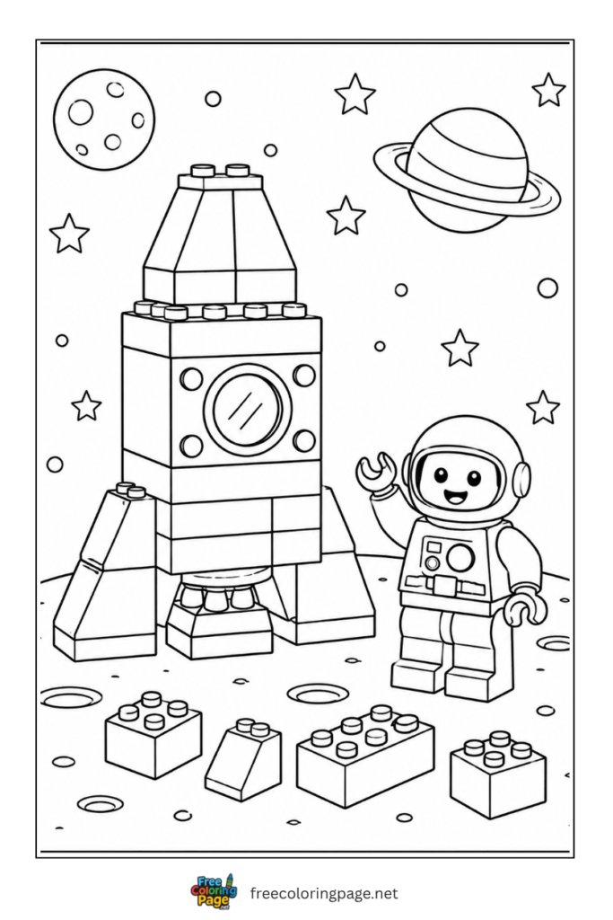coloring page of block space rocket