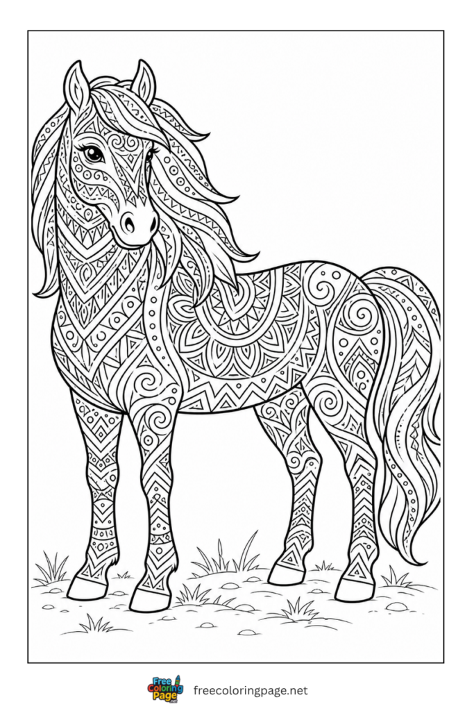 coloring page of horse mandala for adults
