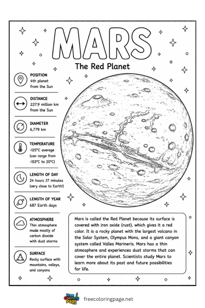 coloring page of information of mars