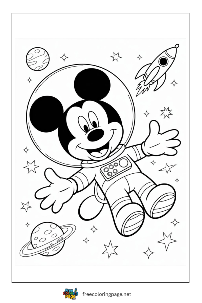 coloring page of micky mouse floating in space