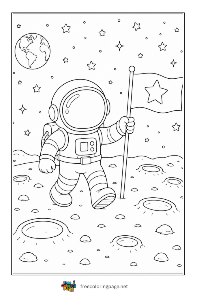 coloring page of astronaut landed on moon with flag