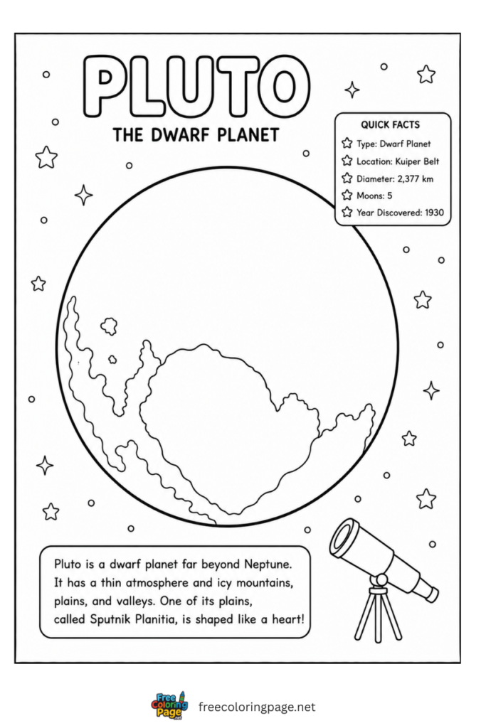 coloring page of information of pluto