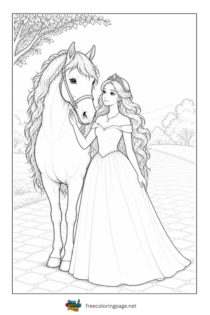 coloring page of horse and princess