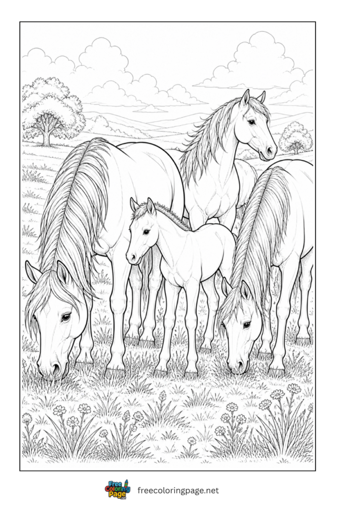 coloring page of horse herd grazing