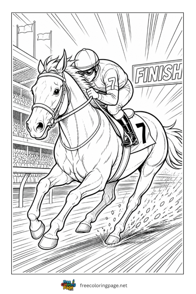 coloring page of racing horse on track