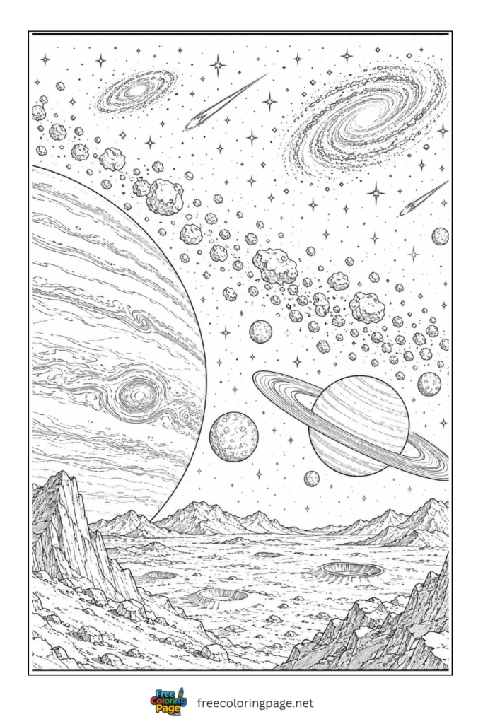 coloring page of realistic outer space planets