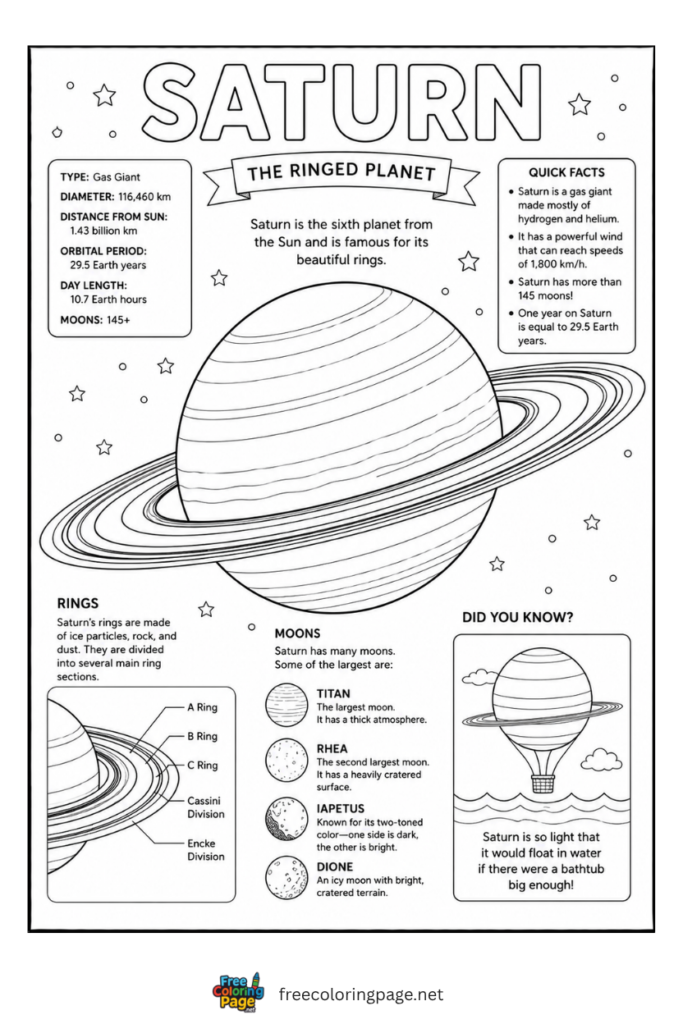 coloring page of information of saturn