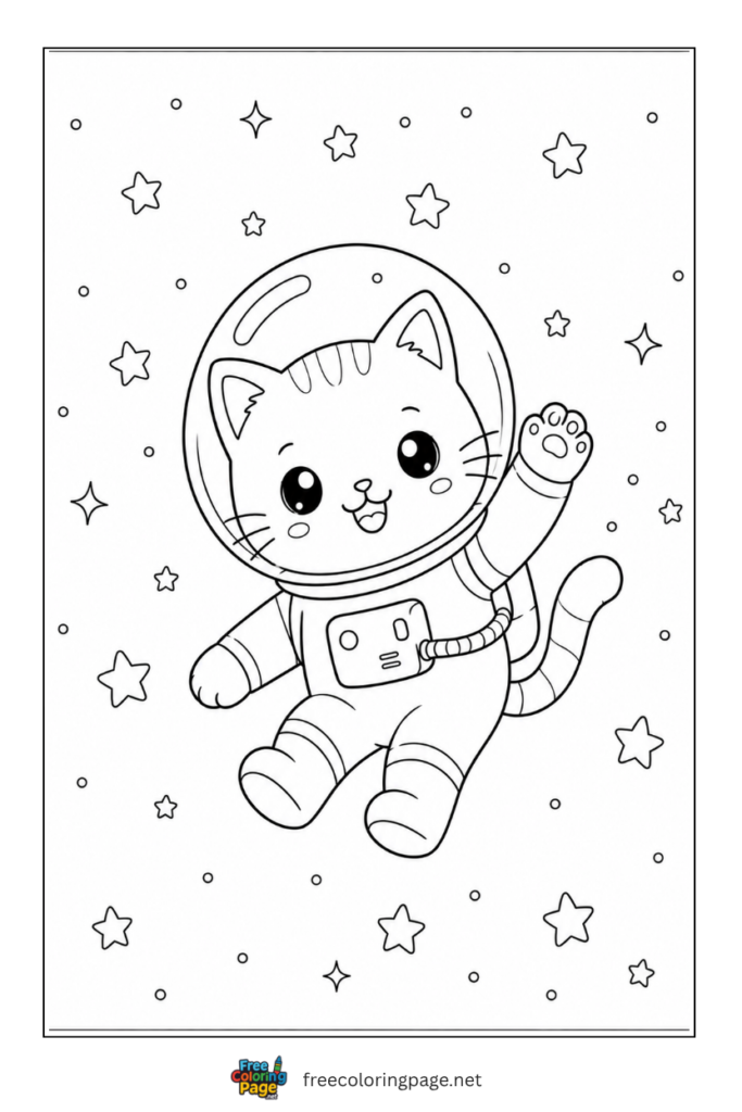 coloring page of cat in space