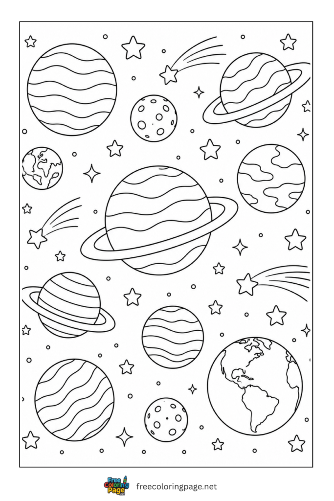 coloring page of space planets doodle