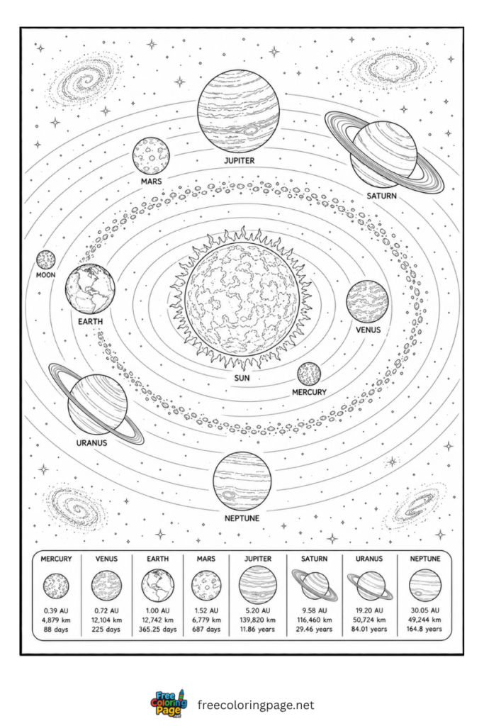 coloring page of all planets and sun