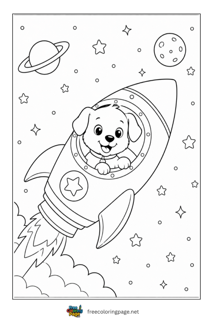 coloring page of puppy in space