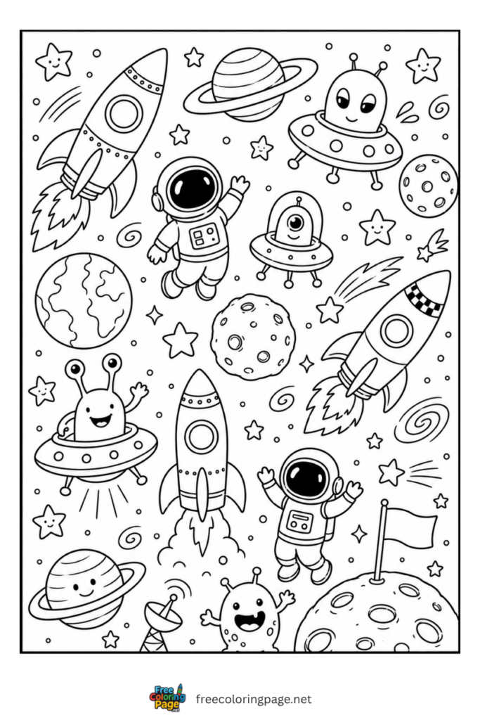 coloring page of space rocket astonaut and alien doodle
