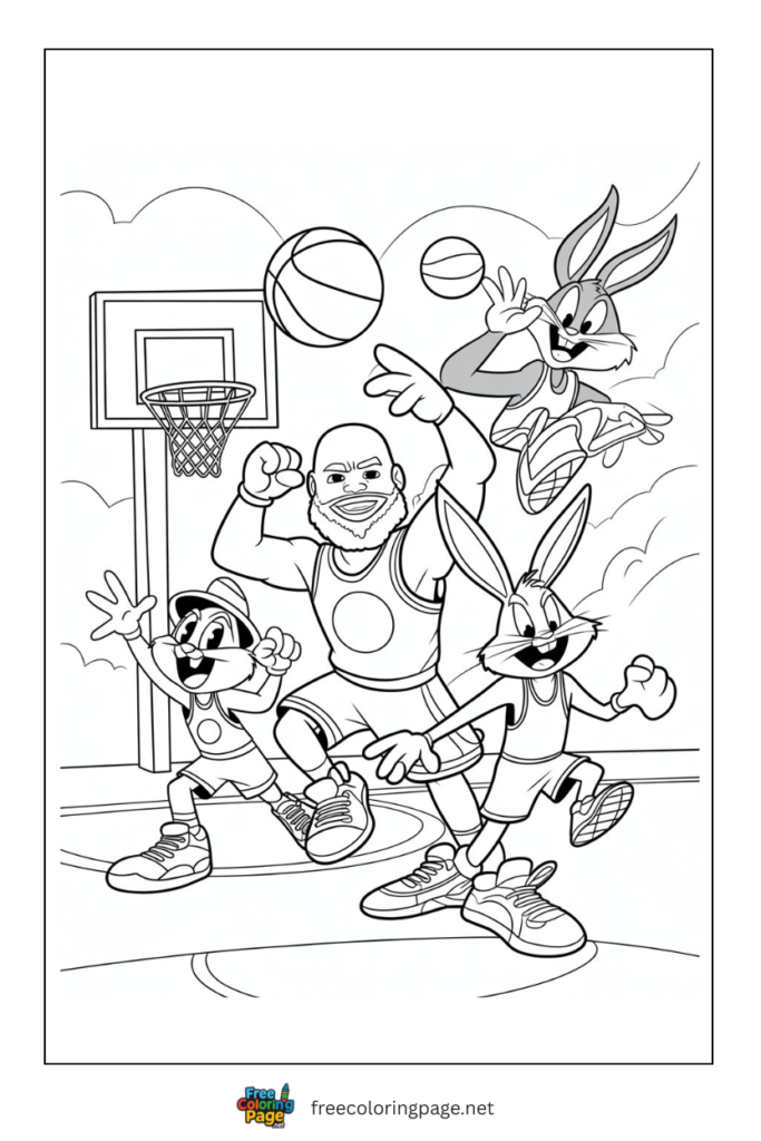 coloring page of space jam 2 in basket ball court